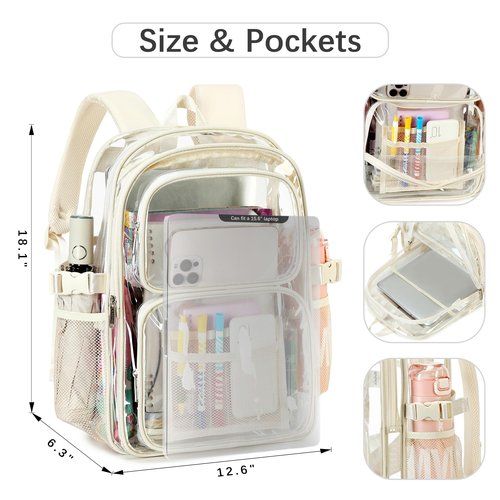 abshoo Large Heavy Duty Girls Clear Backpack for School Bookbag Transparent Multi Pocket Backpacks for Women (Beige)