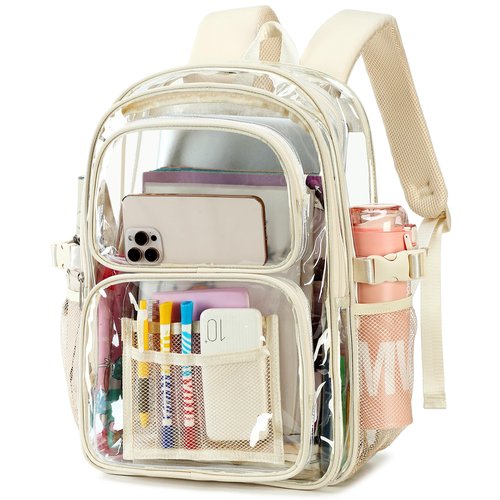 abshoo Large Heavy Duty Girls Clear Backpack for School Bookbag Transparent Multi Pocket Backpacks for Women (Beige)