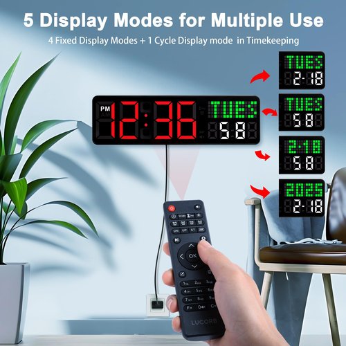 LUCORB Gym Clock Timer, Workout Clock with Seconds | 5 Display Modes, 4 Alarms | Remote Control Countdown Timer Wall for Home Gym Garage Living Room Classroom Office