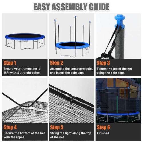 6PCS Trampoline Replacement Poles and 14FT Enclosure Net with Solar Light, Universal Trampoline Replacement Net and Enclosure Pole with Caps & Hardware, Fits 14FT Round Frame with 6 Straight Pole