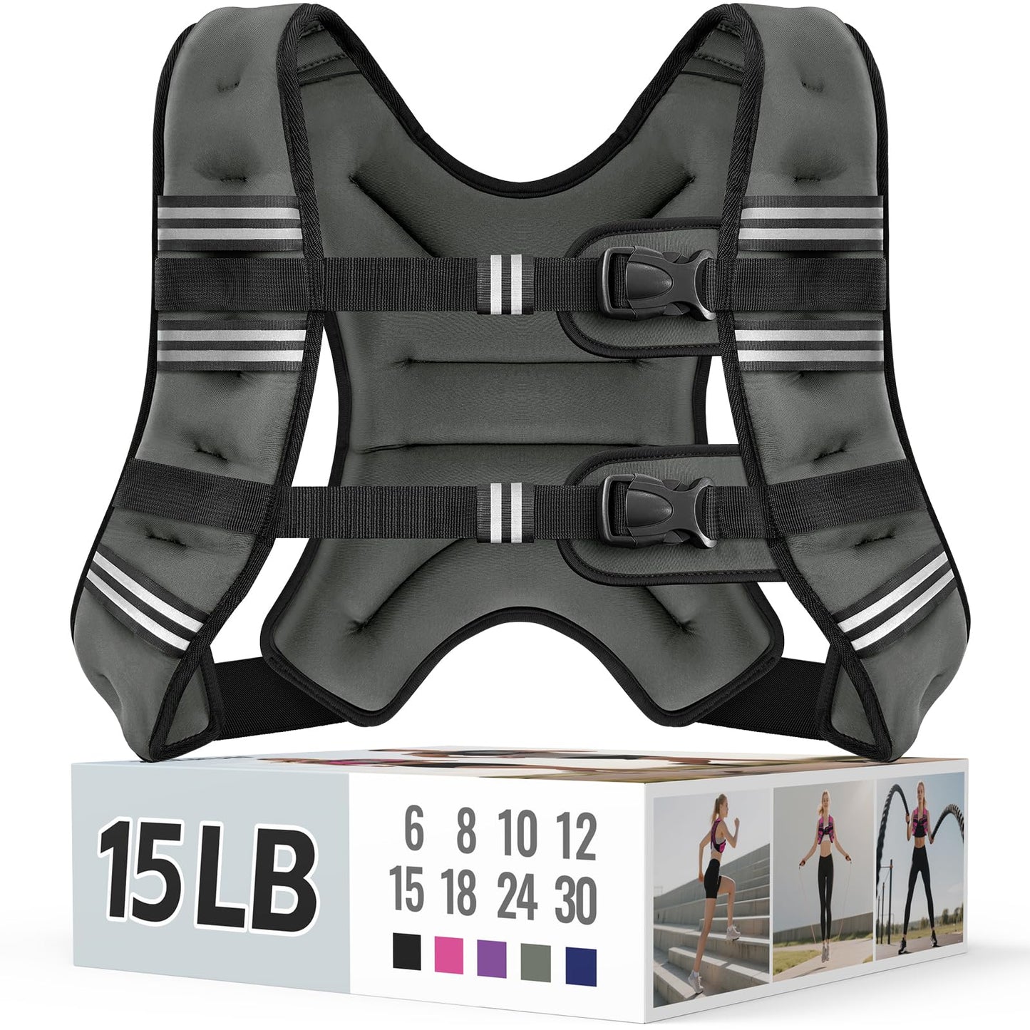 Zeerun Weighted Vest, 6lb/8lb/10lb/12lb/15lb/18lb/20lb/24lb/30lb for Men Women, Reflective Stripe Adjustable Buckle, Comfortable Durable Rucking Vest for Walking Running Strength Training, 15LBS-Gray