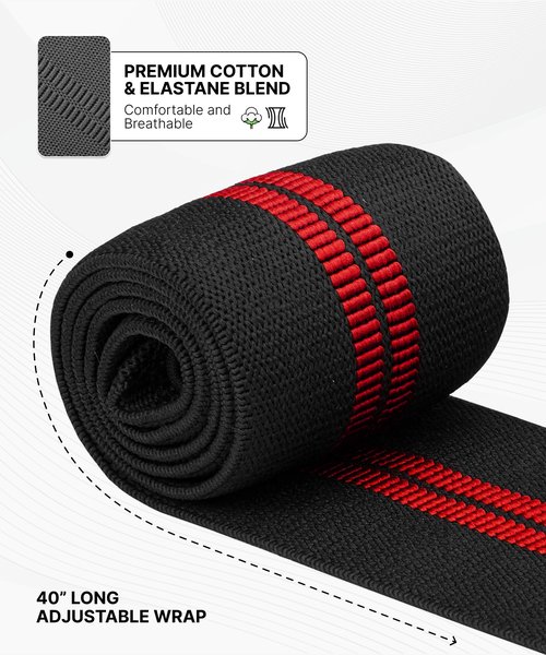 DMoose Fitness Elbow Wraps for Weightlifting (Pair) - 40'' Adjustable Elbow Strap for Gym Workout, Bench Press & Powerlifting - Compression Wraps for Tendonitis & Joint Support (Black Red)