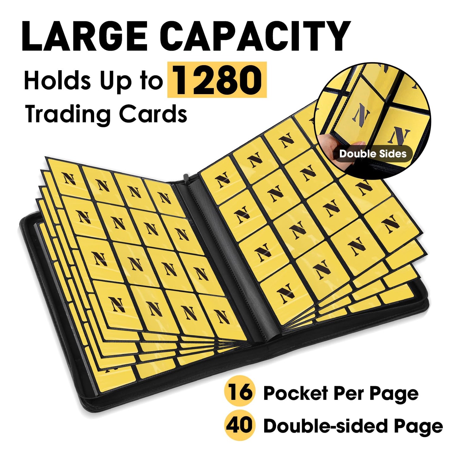 16 Pocket Card Binder,1280 Pockets Ringless Trading Card Binder,Premium Zipper Card Album Folder for TCG,MTG,Game&Sports Cards(BLACK)