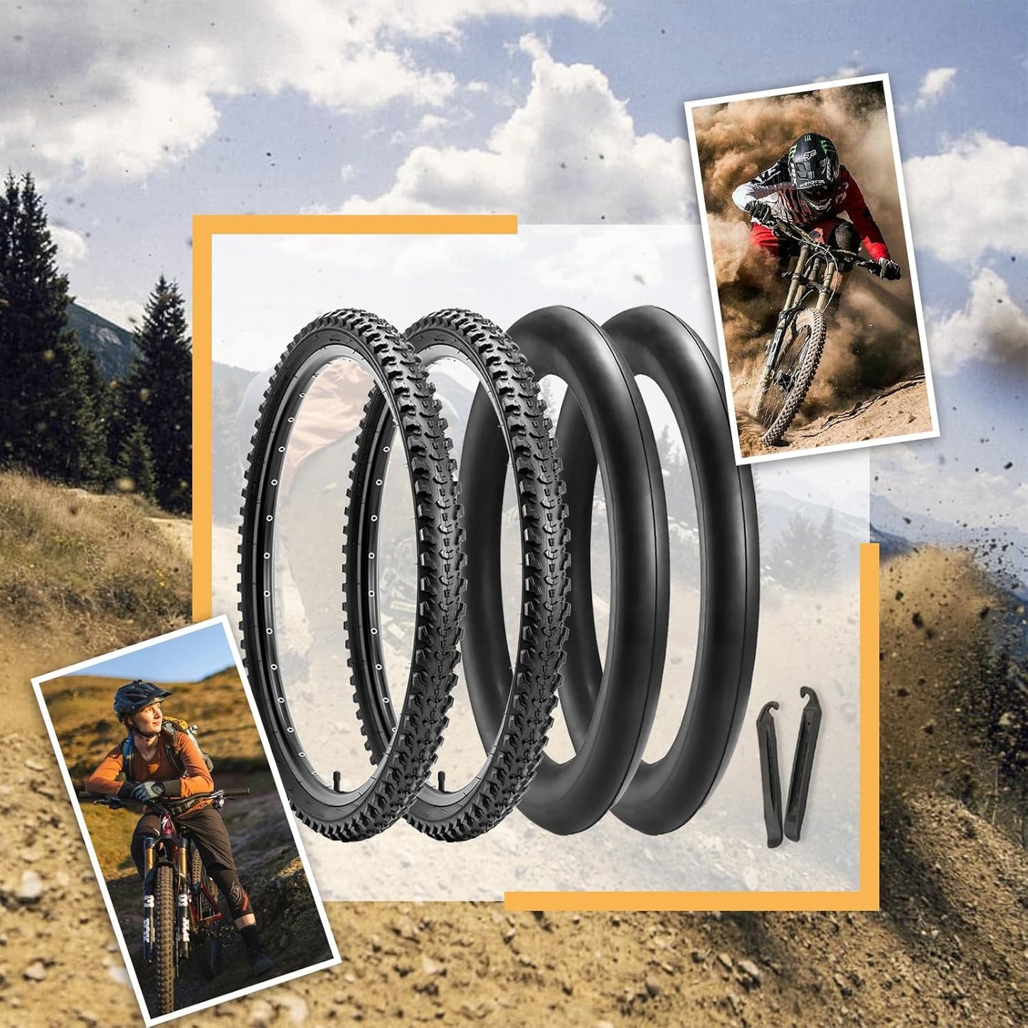 Hycline Mountain Bike Tires Set: 2-Pack 20/24/26x2.125 Inch Folding Replacement High-Density Bicycle Tires and Pair Inner Tubes with Tire Levers Compatible for Street & Off-Road Riding