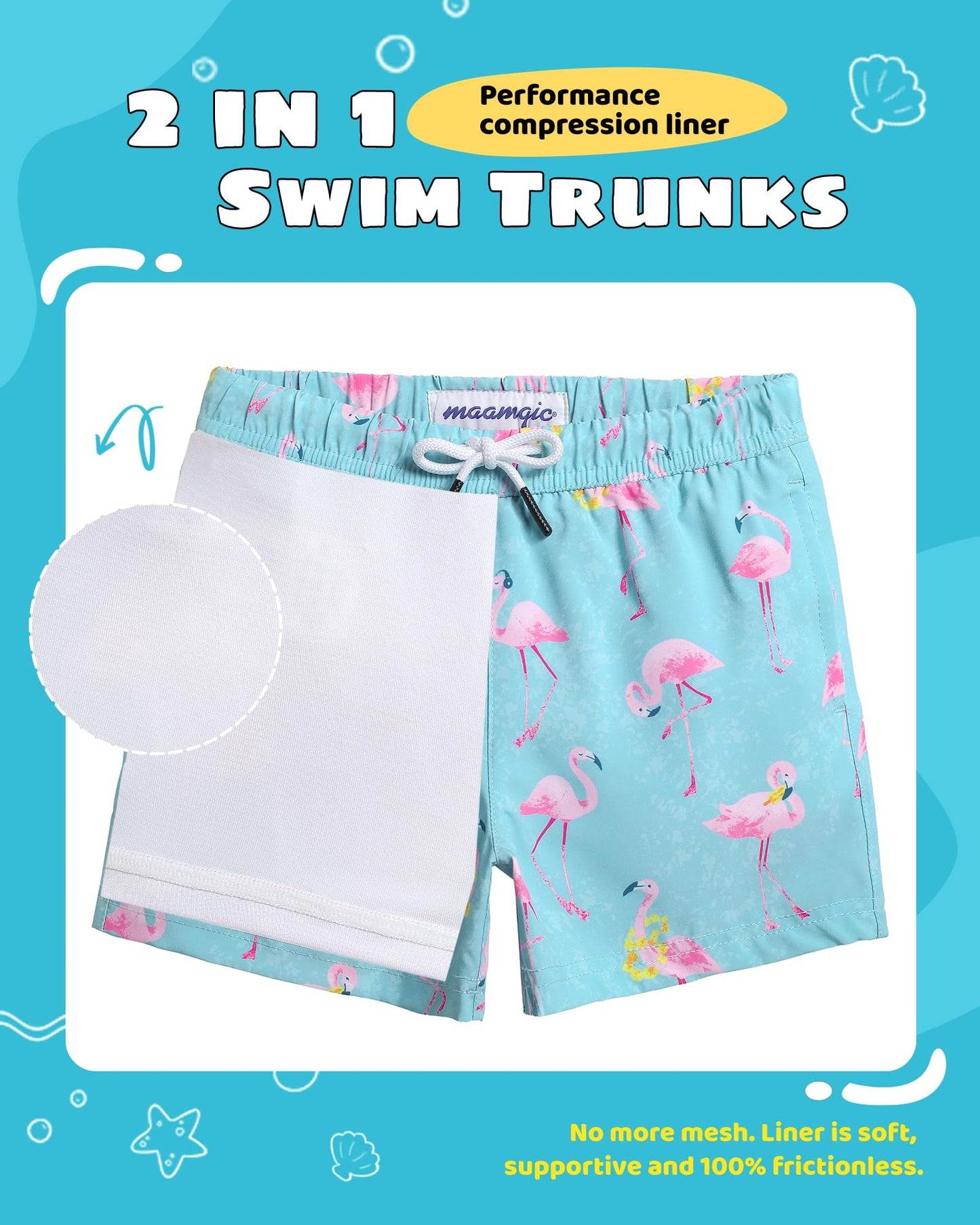 maamgic Boys Swim Trunks with Compression Liner Toddler Stretch Swim Shorts
