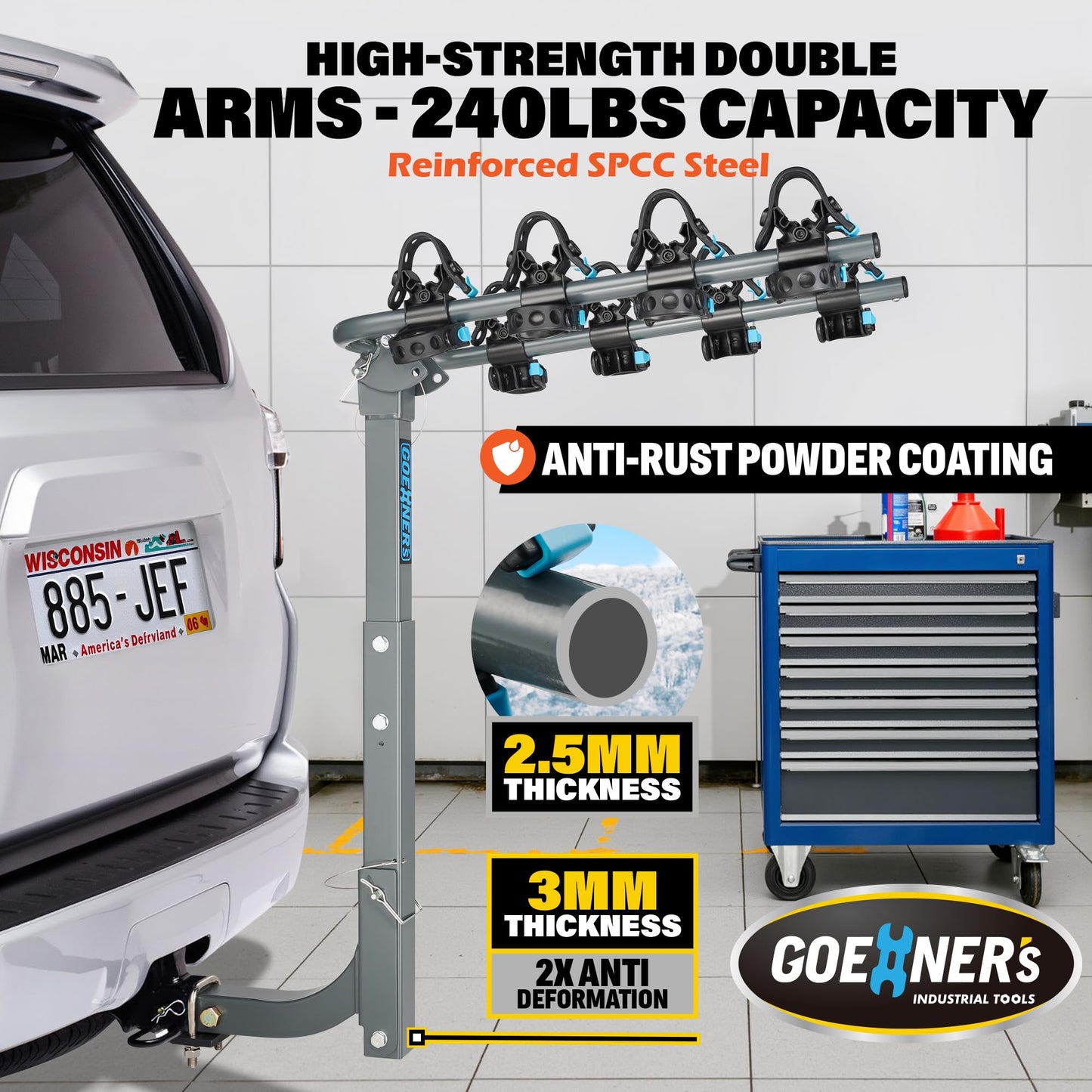 Upgrade 2.0 Hitch Bike Rack – 240 lbs Max Load (60 lbs/Bike), Heavy-Duty Dual Locking | Hanging Carrier for Car, SUV, Truck & RV, 2" Receiver, High-Strength Double Arms