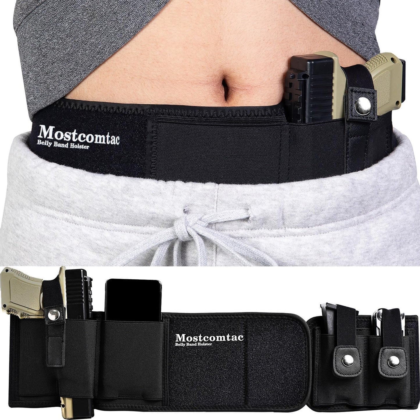 Mostcomtac Belly Band Holster for Men & Women - Breathable Neoprene Gun Holster, Multi - Pocket Tactical Belt for Outdoors, Fits G17-43x, Taurus G3C, G2C and Most 9mm and 381 Handguns（L-S）