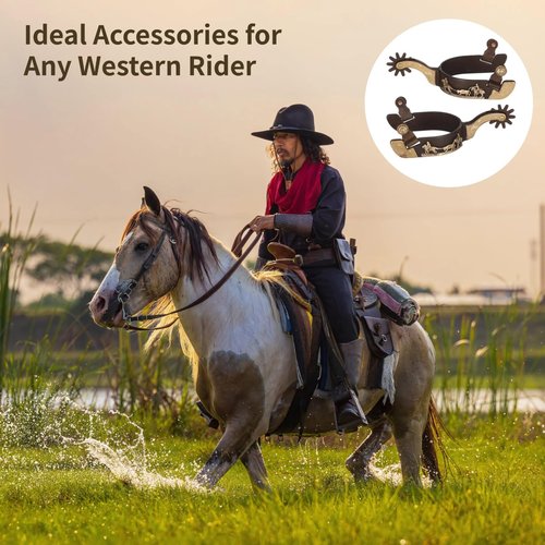 Lnrueg 2 Pcs Western Spurs, Cowboy Boot Spurs with Turnable Gear, Antique Copper and Brass Design with Engraved Trims, Retro Low Carbon Steel Horse Spurs (Black)