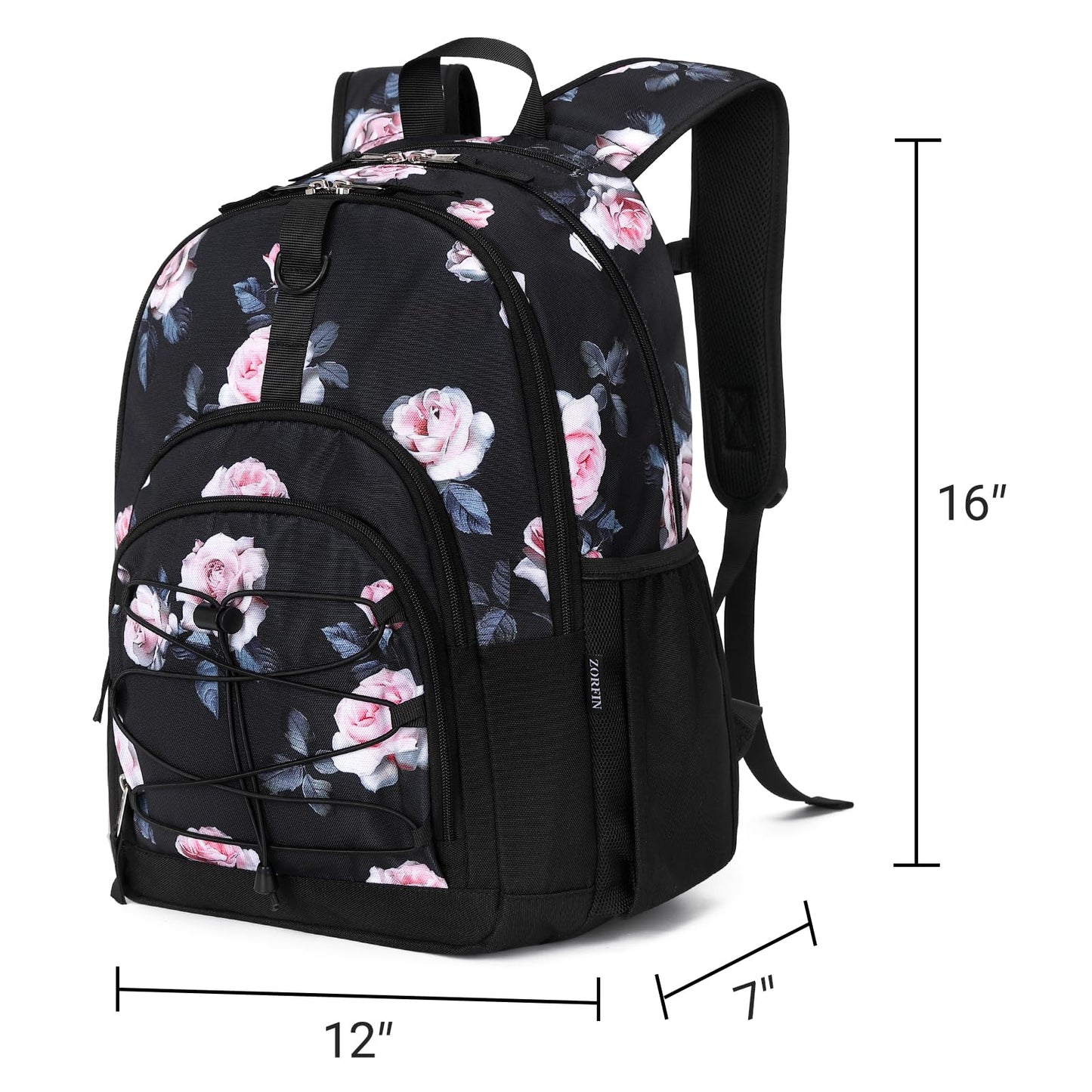 ZORFIN Backpack for School, Travel: Bookbag for Girls Boys - Kids Backpack with Multi Compartments - Rose Black