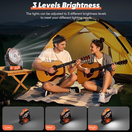 MATULSA Portable Rechargeable Camping Fan, 10-Inch Battery Operated Fan, Quiet Table Fan with LED Lights, 4 Fan Speeds and 125°Rotation, Rechargeable Beach fan for Travel, Fishing, Picnic, Orange