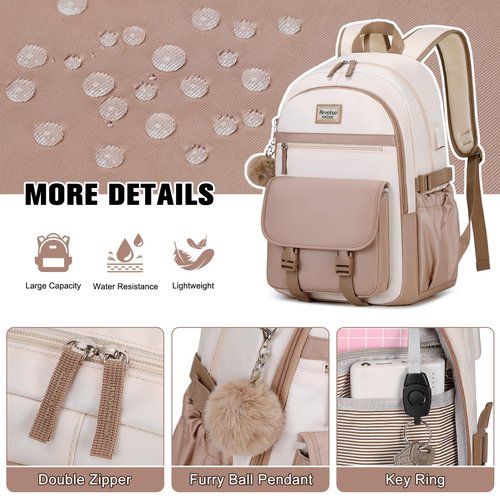 Bevalsa Backpack for Girls, School Backpacks for Girls, Kids Backpack with Lunch Box & Pencil Pouch for Teens Girl Kids Elementary Middle High School College Student Bookbag Daypack (Khaki Beige)