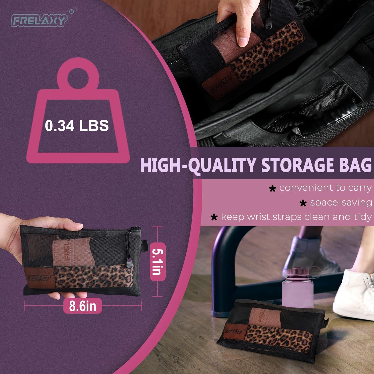 Frelaxy Lifting Wrist Straps Women and Men, Weight Lifting Grips with Cushion Wrist Loop, Double Layer Leather and Storage Pouch, Gym Workout Straps for Deadlift and Powerlifting (Black/Leopard)