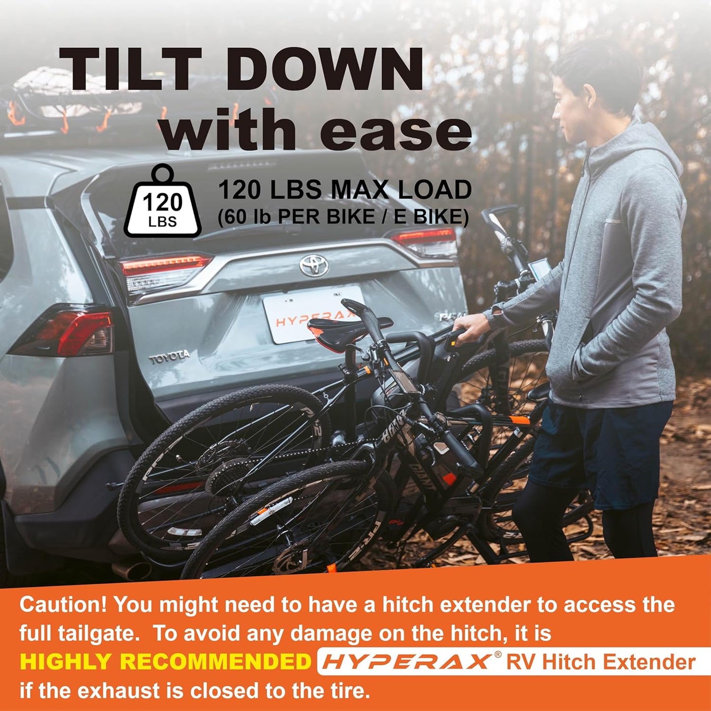 HYPERAX Volt 2 - E Bike Hitch Mounted Platform Style 2 Bikes Carrier for Car, SUV, Trucks, Sedan, Tilting e-Bike Rack for Hitch Fits Up to 2 X 70 lbs Bike with Up to 5" TIRE - NO RV USE!