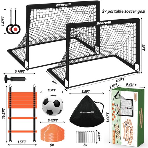 Bearwill Soccer Goal, Kids Soccer Goals for Backyard Set of 2, 4x3ft Portable Soccer Goal Pop Up Soccer Net, Kids Soccer Net for Backyard Training Equipment with Soccer Ball, Ladder, Cones, Targets