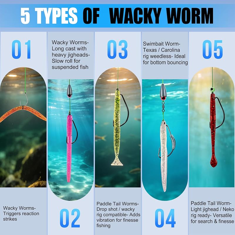 Plusinno 220PCS Wacky Worm Fishing Lure Kit with Tackle Box - Soft Plastic Lures, Hooks & Weights