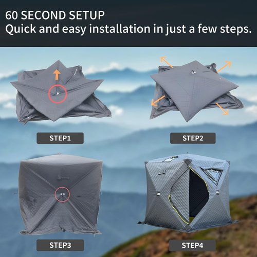 TENPLAY Portable Pop Up3-4 Person Ice Fishing Shelter,Fully Insulated Winter Ice Fishing Shanty,Sauna Tent with 3-Layer Thermal Hub,Windproof,Warm,All-weatherr,with CarryBag,Ice Anchors,Rain Cover