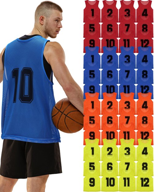 Suhine 48 Pcs Pinnies for Sports Double Soccer Penny Soccer Pinnies Scrimmage Vests Mesh Basketball Team Practice Jersey (Basic Style,Adult Size)