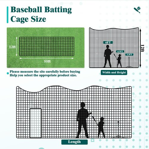 Miveda 55 FT Baseball Batting Cage, Baseball Nets for Batting Cage，Baseball and Softball Batting Cage Nets for Pitching Training, Outdoor Backyard Batting Cage with Frame