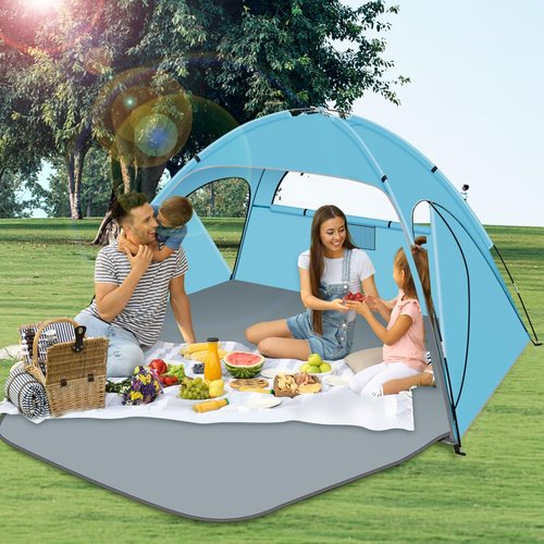 Hoeada Beach Tent Sun Shelter, Beach Shade Tent with UPF 50+ UV Protection for 2-3 Person, Portable & Easy Setup Cabana, 3 Roll Up Doors & 8mm Fiberglass Rods, Carry Bag Included