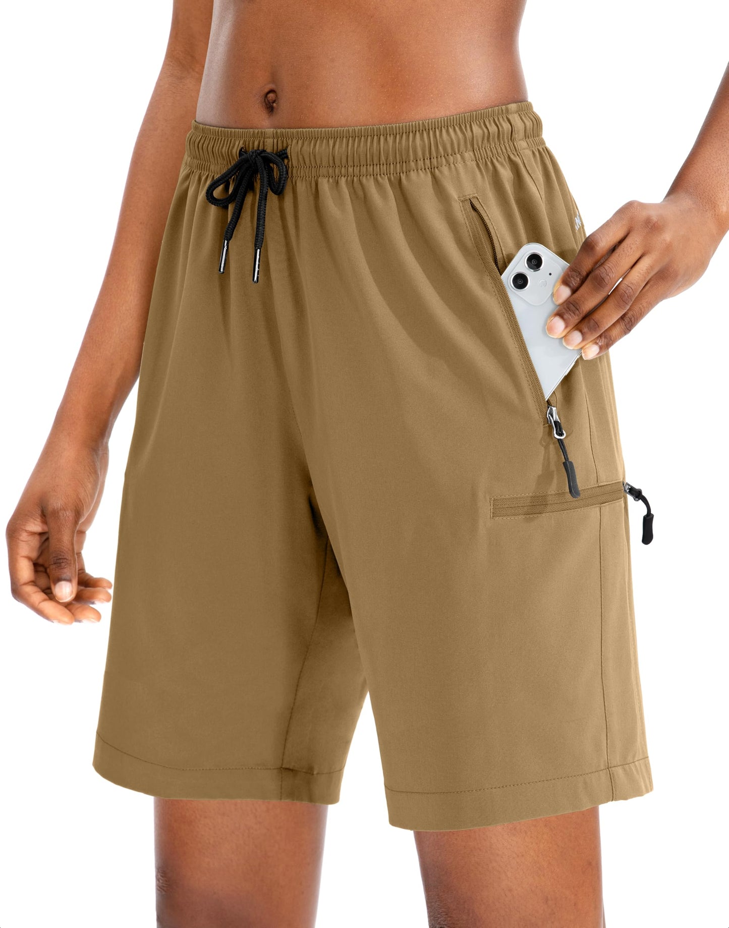 SANTINY Women's 5''/ 7''/9'' Hiking Cargo Shorts Quick Dry Lightweight Summer Shorts for Women Athletic Zipper Pockets(Dark Khaki_L)