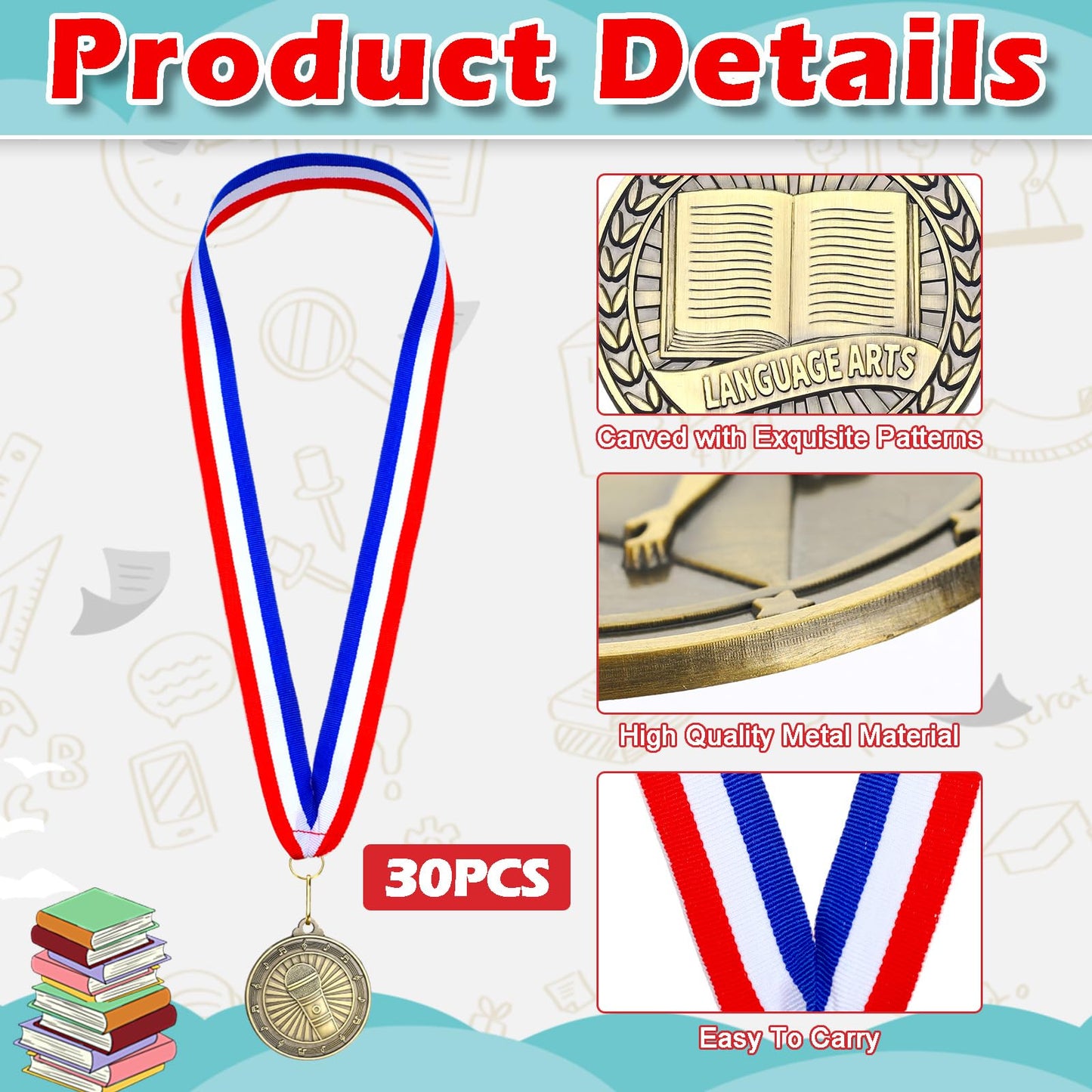 Quelay 30 Pcs 2'' Award Medals Bulk Gold Winner Medals with Neck Ribbons Metal Trophy Award Prize Gift for Tournaments, Competitions, Party, Kids and Adults(Language Arts)