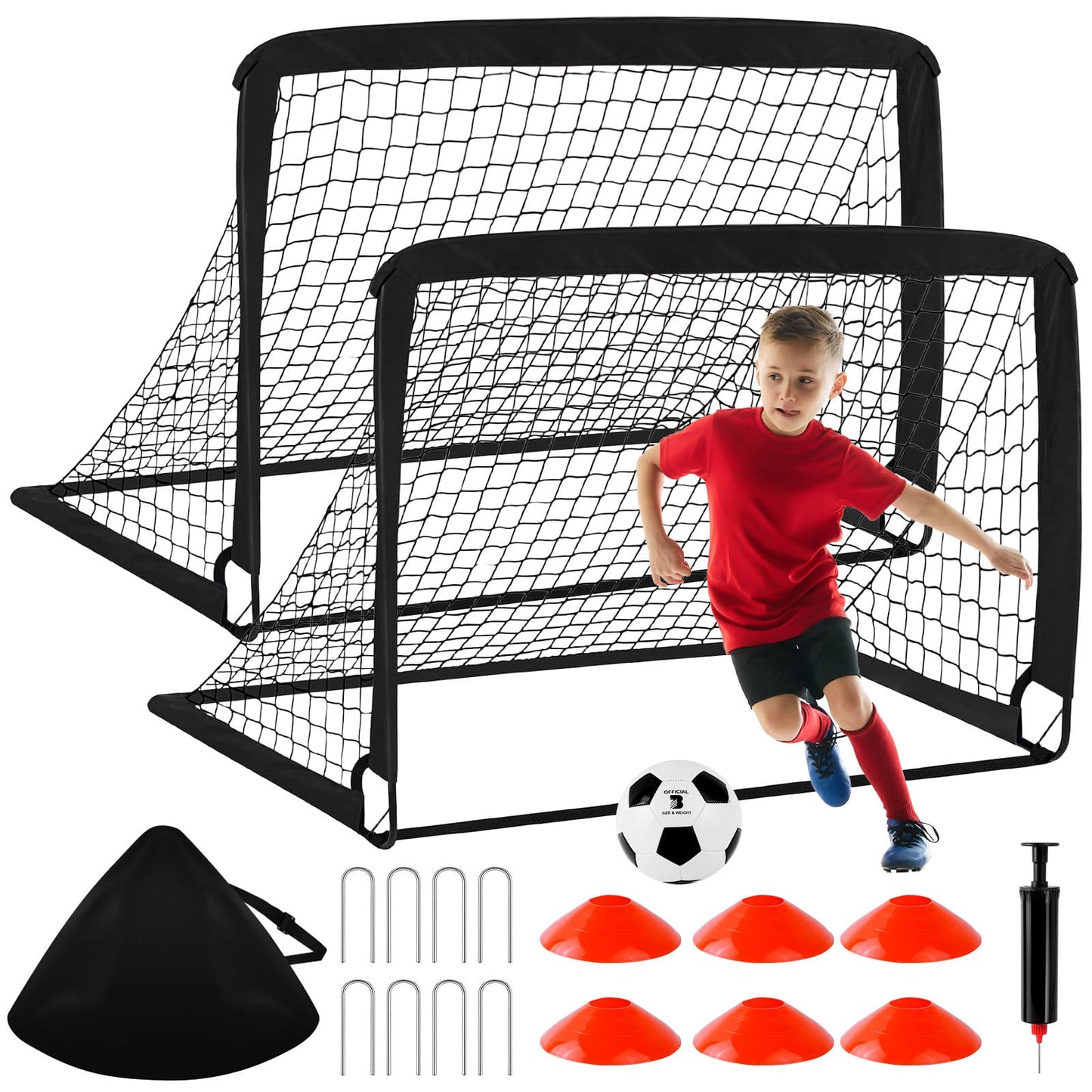 Kids Soccer Goals for Backyard Set - 2 Pack of 4' x 3' Portable Pop Up Soccer Nets, Training Equipment with Soccer Ball, Soccer Set for Kids Toddler and Youth Outdoor Games, Sports, Gifts