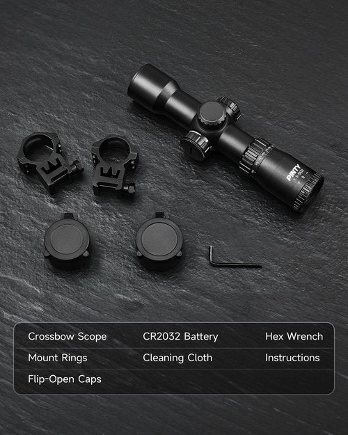 PINTY 1.5-5x32 Crossbow Scope, SFP Optics Scope Crossbow 20-100 Yards Etched Glass Ballistic Reticle, Red Green Illuminated Crossbow Scope for Hunting,with 20mm Scope Rings