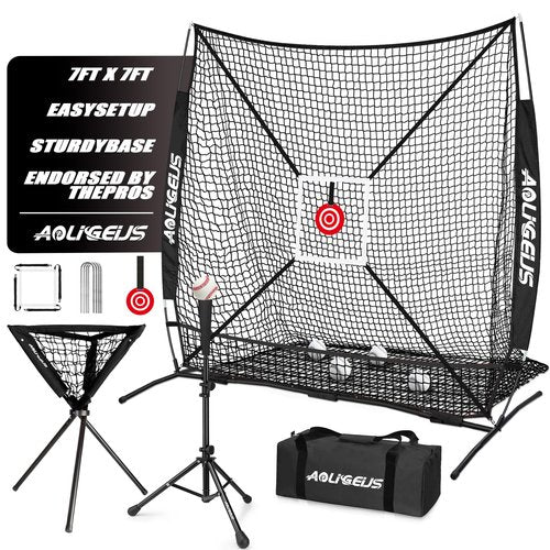AOLIGEIJS 6'X6' Baseball Softball Practice Net,Pitching Net,Batting Net,with Baseball Tee,Bonus Strike Zone,Target and Bow Frame,for Hitting,Pitching,Catching