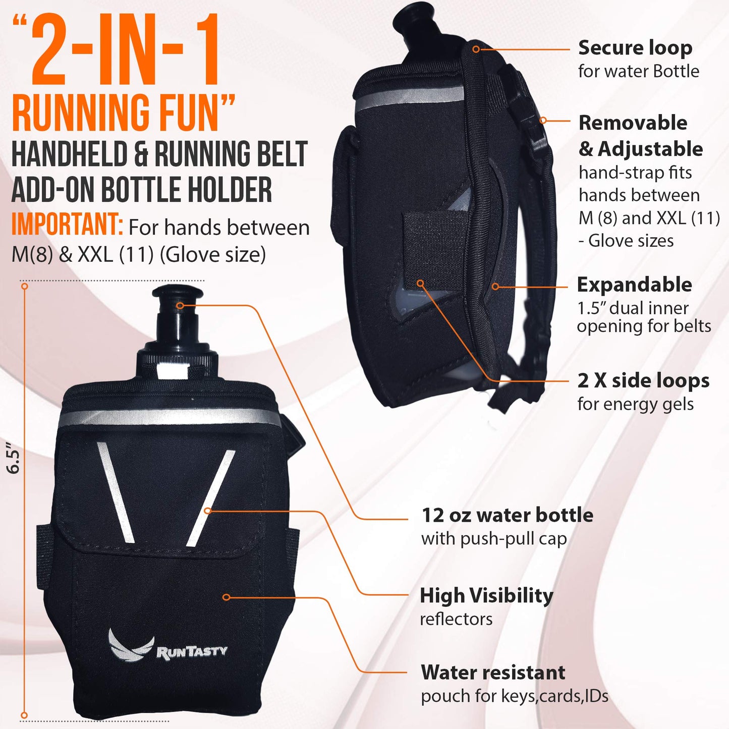 2-in-1 Running Fun Black Handheld 12 Oz Water Bottle & Belt Add-on – Strap to Hand or Slide on Belt – Waterproof Pocket for Money, Key, ID – Maximize Your Time, Freedom & Health