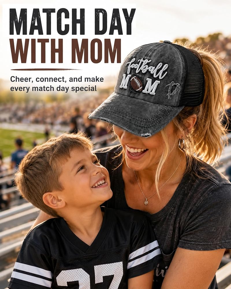 Football Mom Distressed Ponytail Trucker Hat for Women - Black