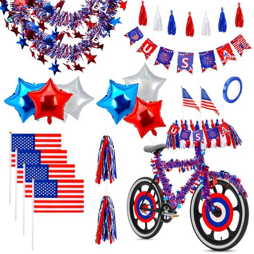 DTOFOOT 4th of July Bike Decorating Kit, Patriotic Bike Streamers Flags Balloons Tinsel, Independence Day Red White Blue Decor for Parade Patriotic Bike Decoration