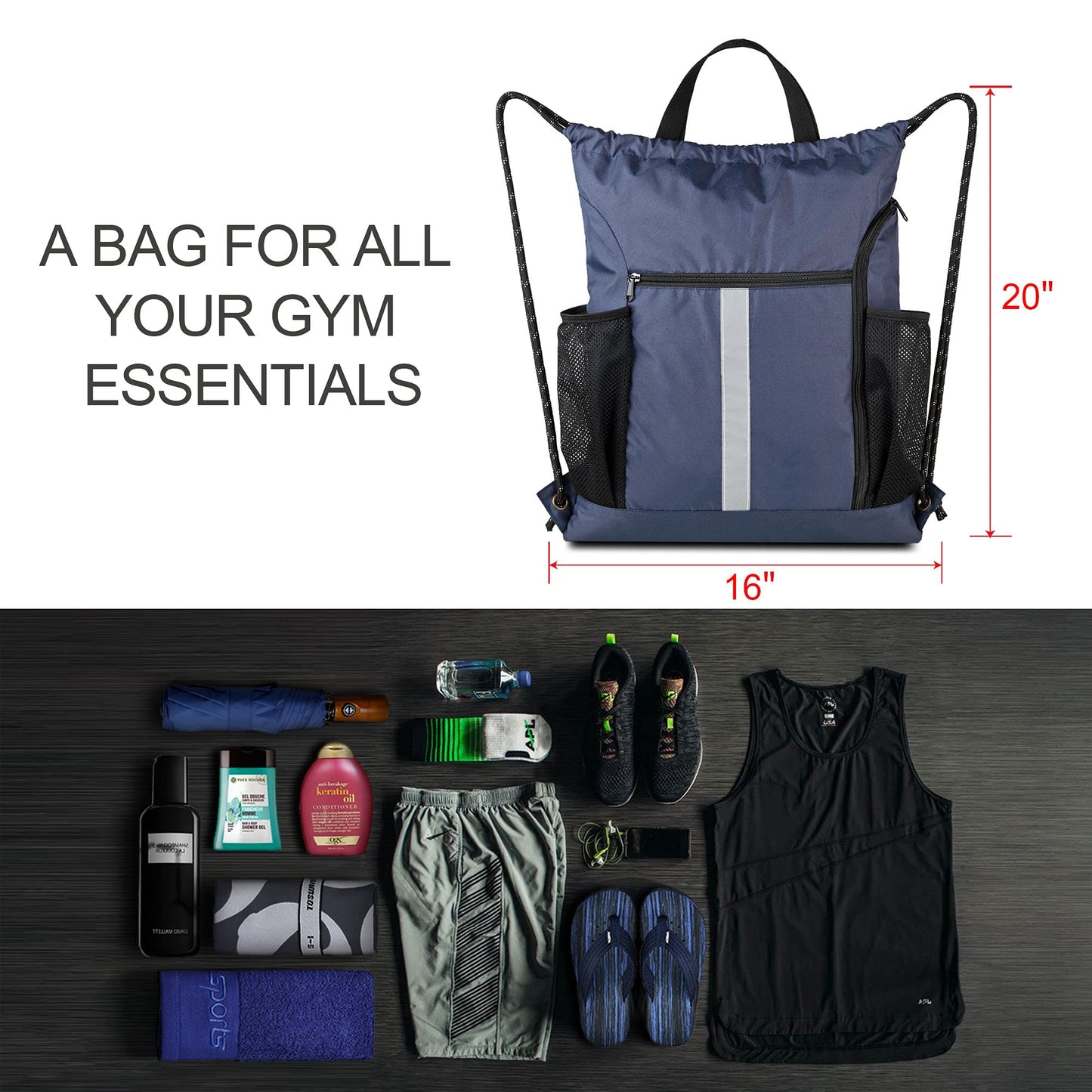 BeeGreen Gym-Drawstring-Backpack-Bag With Shoe Compartment and Two Water Bottle Holder Large String Backpack Sports Bag Athletic Sackpack For Men Women