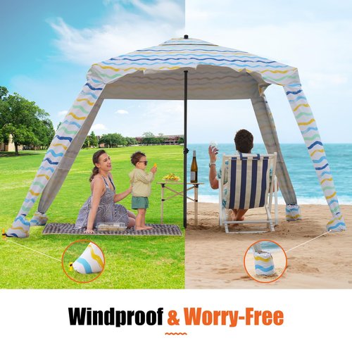 Beach Cabana - 6FT Beach Umbrella with UPF 100+ UV Protection & Sunshade Curtain - Waterproof Tent - Portable Shade, Easy to Set Up, Perfect for Family & Friends (Color Stripes)