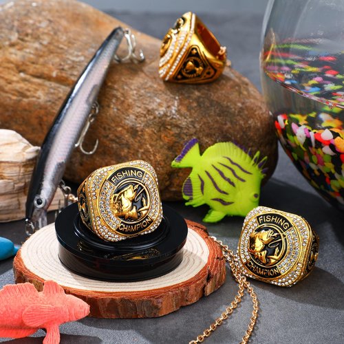 Liliaafar 6 Sets Fishing Championship Trophy Ring Gold Ring Awards Prize with Display Neck Chain and Stand Large Mouth Bass Trophies Gift for Fishing Tournaments Competitions Ceremonies, Size 11