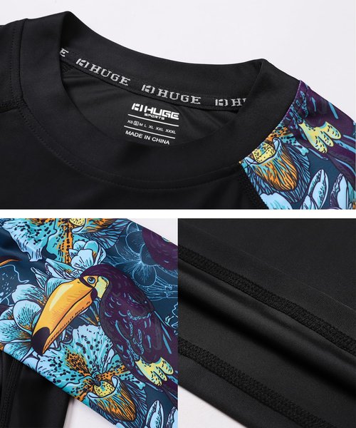 HUGE SPORTS Men's Splice UV Sun Protection UPF 50+ Skins Rash Guard Short Sleeves(HeyToucan, M)