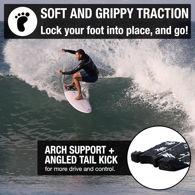 Ho Stevie! Surfboard Traction Pad 3-Piece Full Size 12"x12" Black with White Palm Trees