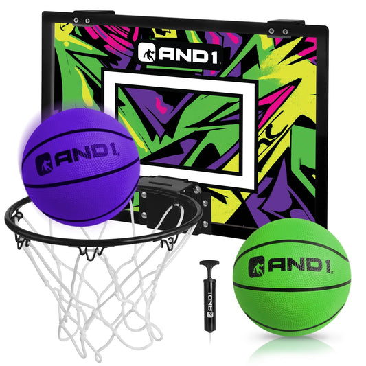 AND1 Over the Door Mini Basketball Hoop: 18x12 Shatterproof Backboard, 2 Mini Basketballs, and Hand Pump Included- Ultimate Indoor Basketball Accessory for Kids and Adults, No Tools Required