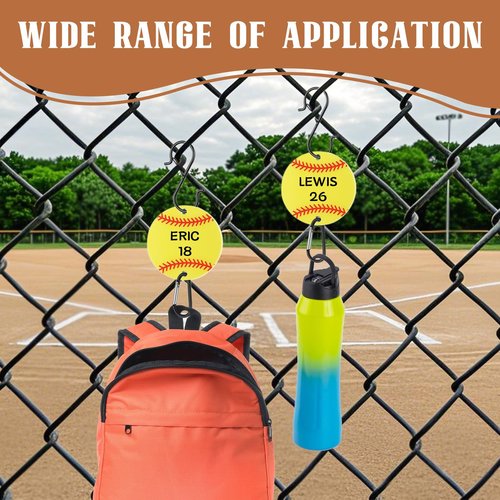 starfa lab 12PCS Softball Bag Fence Hooks, Metal Backpack Hooks with Writable Acrylic Board, Sports Fence Pocket Hook to Hang Baseball Bags, Water Bottles and Hats (Yellow12P)