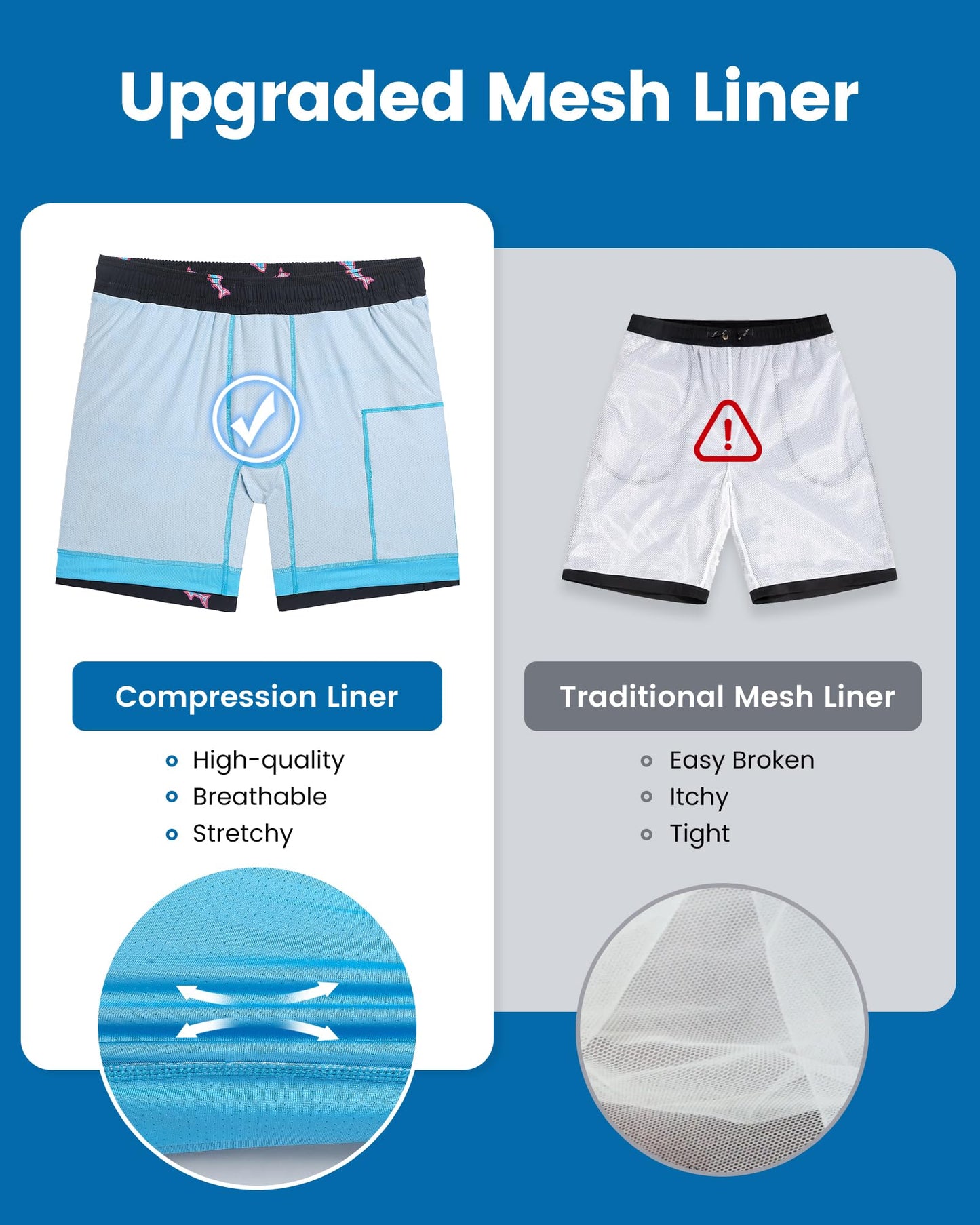 maamgic Mens Swim Trunks with Compression Liner 7 Inch Inseam Mens Bathing Suit Quick Dry Swimming Trunks Swimsuit Shark Black Blue Large