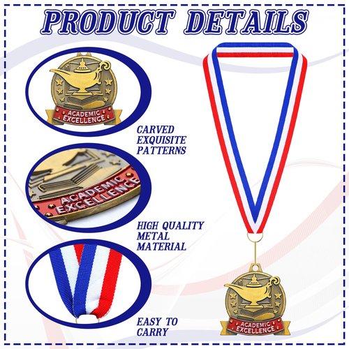 Loetere 20 Pcs Academic Excellence Medals Bulk 2.4 inch Reading Gold Medals with Neck Ribbons Metal Trophy Award Prize Gifts for Adult Book Lover Competitions Party(Academic Excellence)