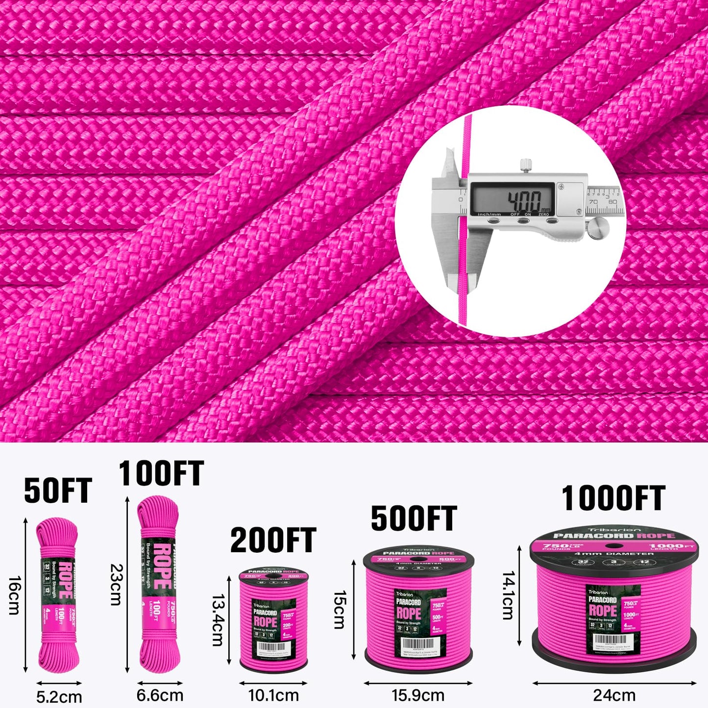 TRIBERION Paracord Rope 750 lb - 100ft 5/32" Parachute Cord 4MM 12-Strand para Cord - Heavy Duty Spool String for Survival,Camping Gear, Survival Bracelet, Clothesline - Rose Pink