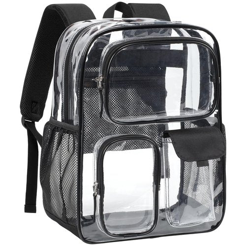 PACKISM Clear Backpack for School - 17 inch Heavy Duty Clear Bookbag with 3 Front Pockets for Students, Transparent PVC See Through Backpacks, Black (Age 12+)