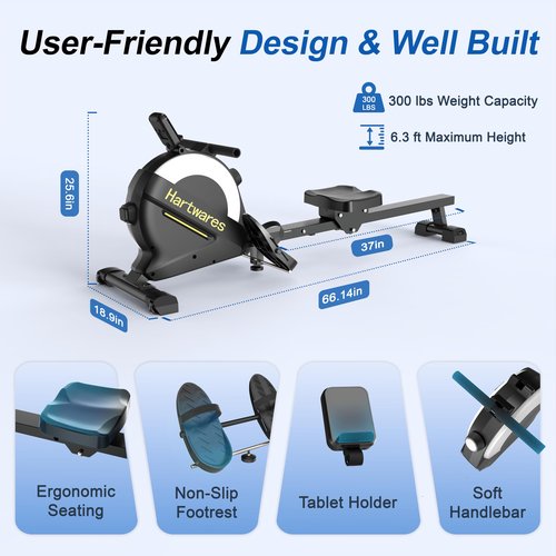 Rowing Machines for Home,Hartwares Magnetic Rowing Machine with 77lbs High Resistance Rowing Machine,16 Levels of Quiet Resistance,Rower Machine for Home Row Machine,App Compatible,LCD Monitor