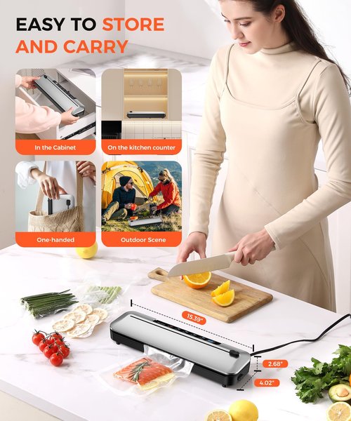 Vacuum Sealer for Food,75 Kpa Precision Suction Power 6-in-1 Food Sealer with Digital Timer, Dry & Moist Food Modes, Compact Design with 10 Vacuum Bags & Built-in Cutter