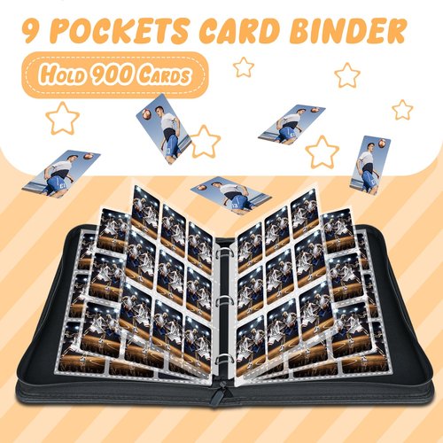 9 Pockets Trading Card Binder with 900 Double-Sided Pockets, PU Zipper Top Loader Binder with 50 Removable Sleeves for Basketball Baseball Football Playing TCG Card