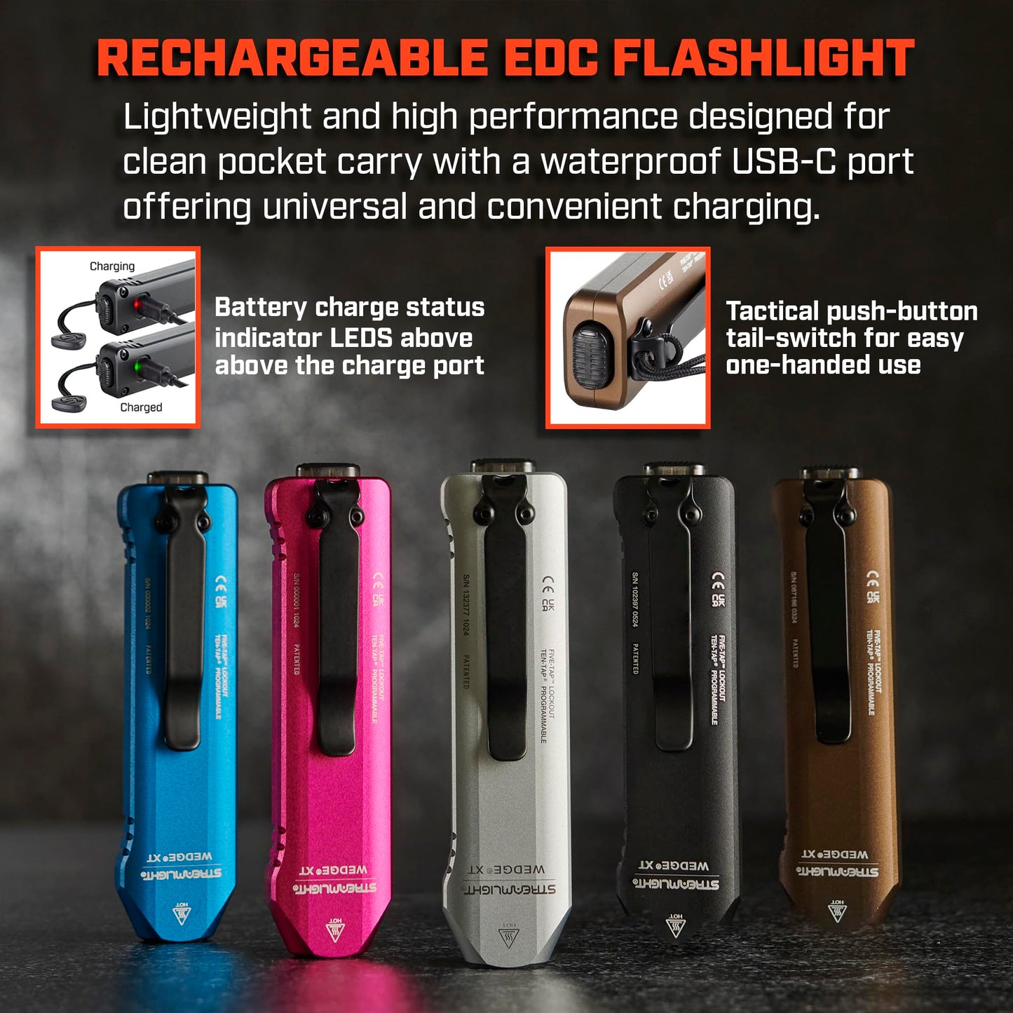 Streamlight 88819 Wedge XT 500-Lumen 1,900-Candela Flat Everyday Carry Flashlight, Includes USB-Cable and Pocket Lanyard, Silver