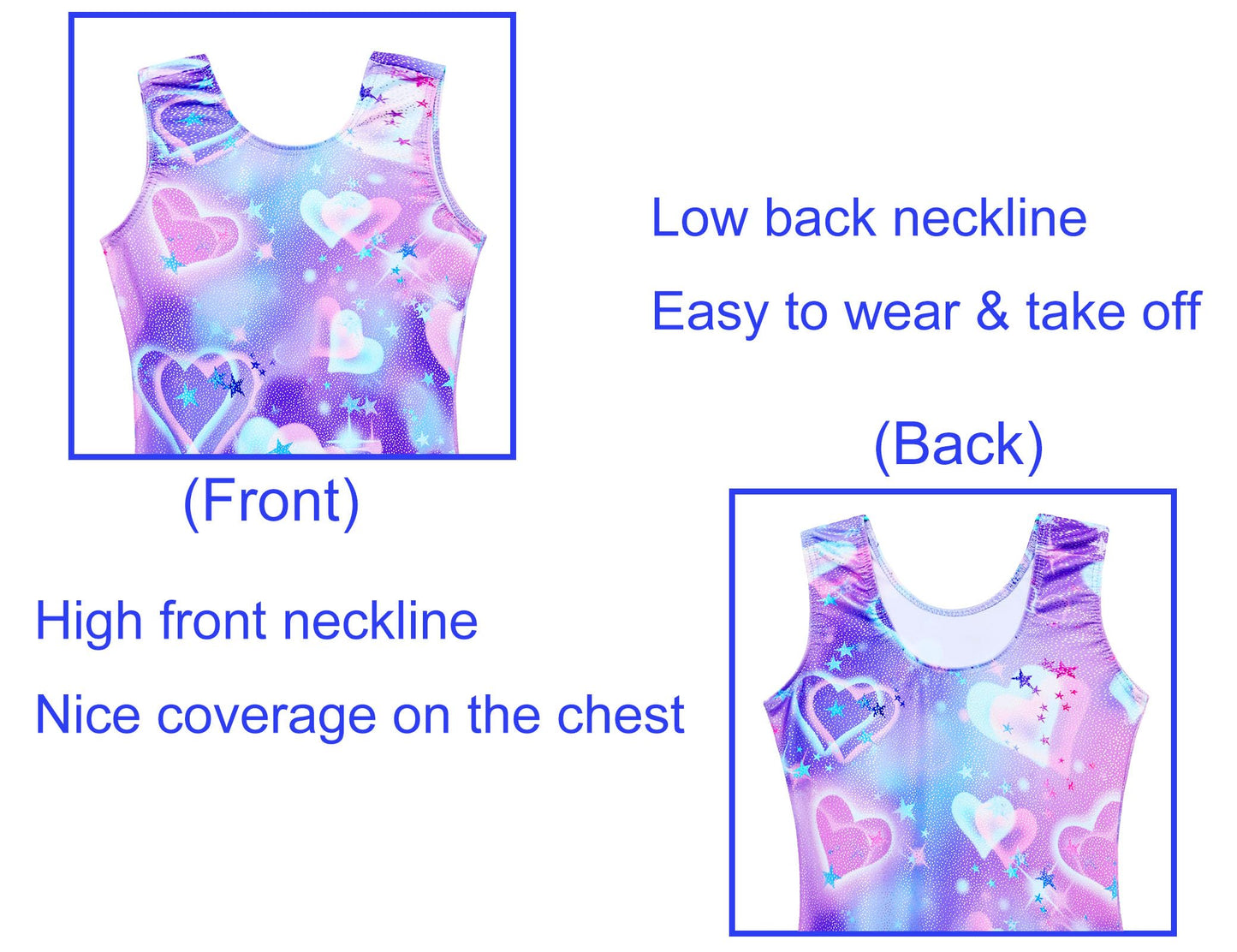 Domusgo Leotard for Girls Gymnastics Size 8-9 Shiny Purple Blue Hearts Sparkle One Piece Durable Athletic Activewear