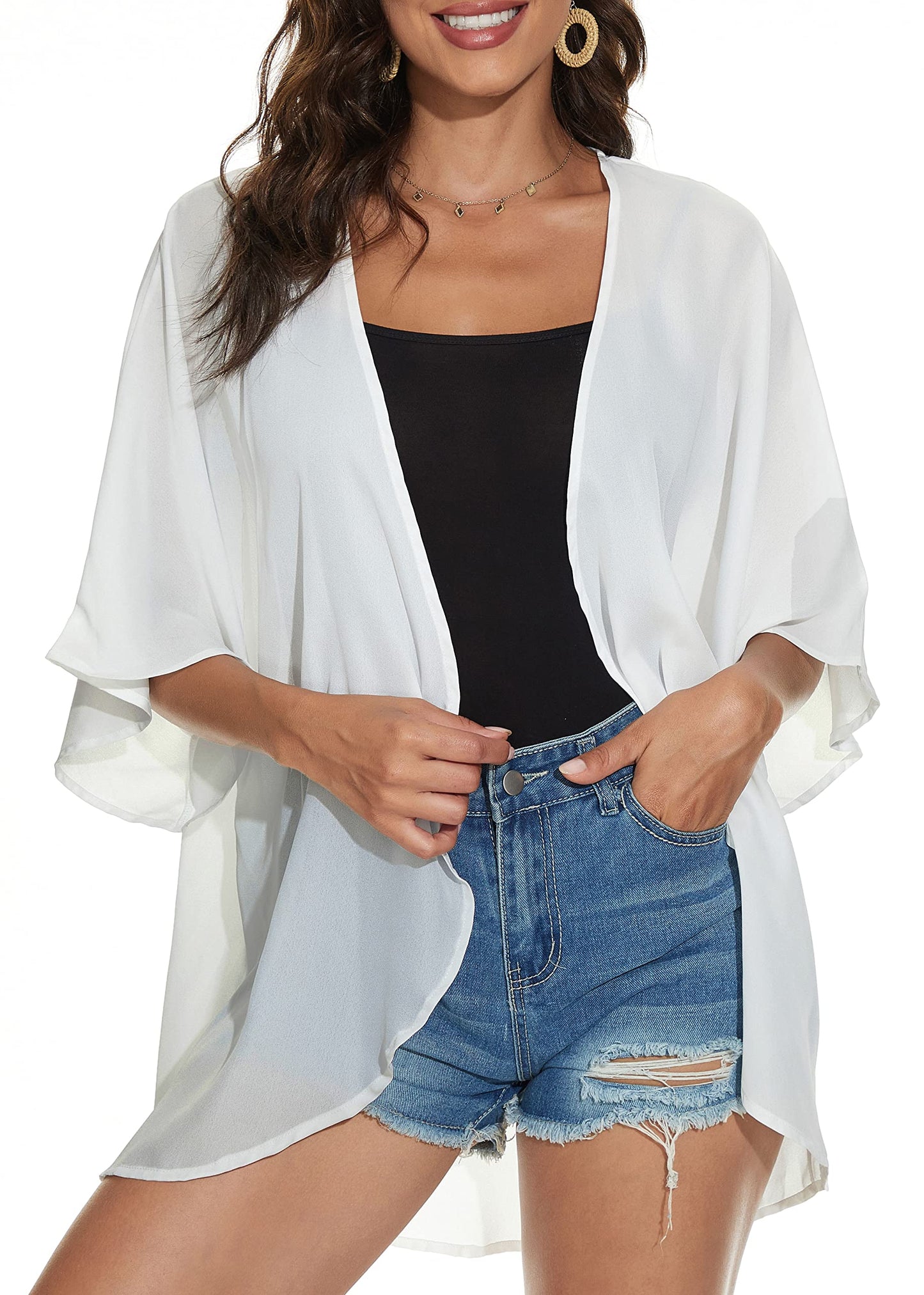 Women Summer Tops Kimono Cardigans Sheer Beach Cover Ups Chiffon Open Front Shirts （White,5XL