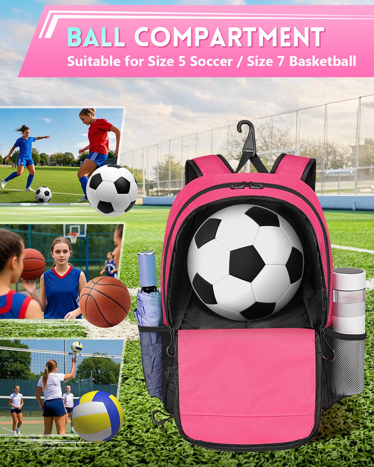 MATEIN Girls Soccer Backpack, Large Basketball Bag with Ball Holder & Shoe Compartment for Tournament & Game Day, Lightweight Youth Sports Bag with Fence Hook Fits 15.6 Inch Laptop, Soccer Team Gifts