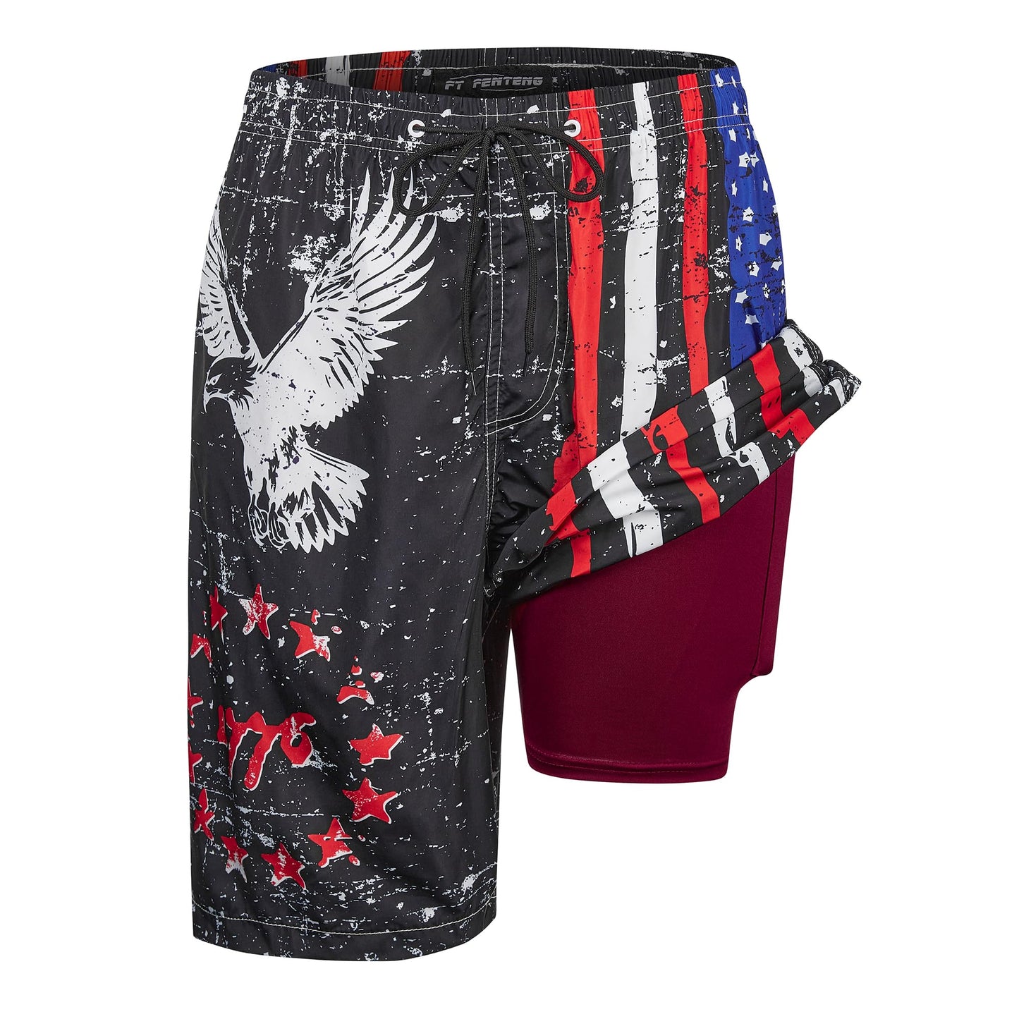 Mens Swim Trunks with Compression Liner, 1776 Patriotic American Flag Men Bathing Suit Mens Swimming Trunks with Zipper Pockets 9 inch inseam Men's Board Shorts Swimwear Quick Dry Swimsuits, L